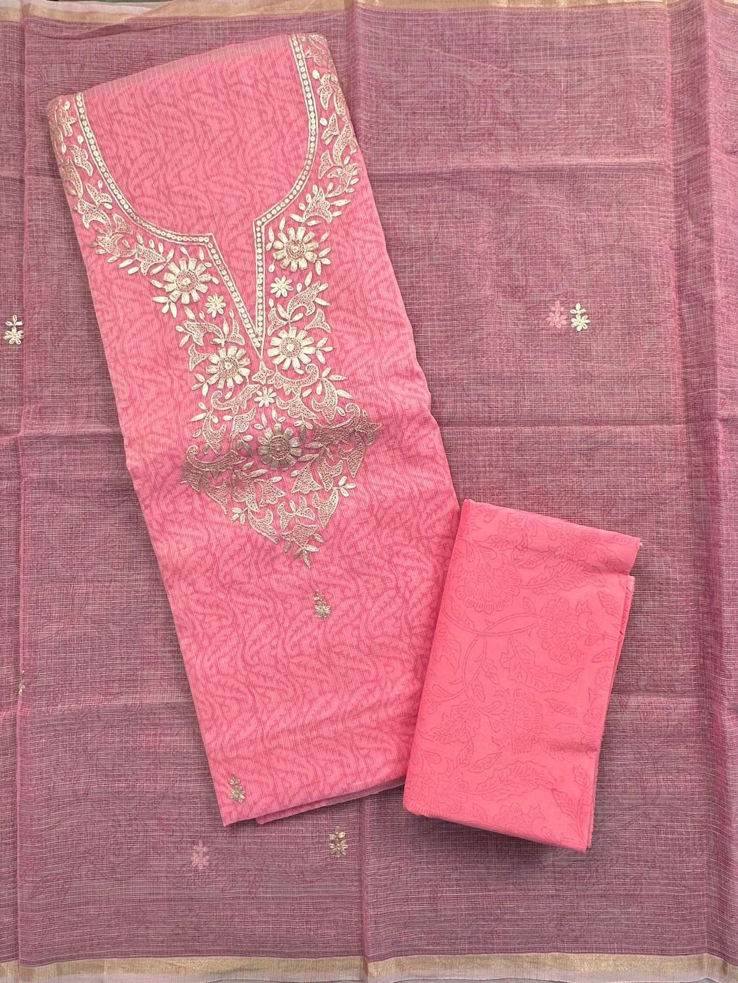 Pink 4-Piece Kota Doria Cotton Unstitched Suit