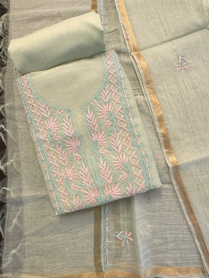 Pista Chanderi Chikankari Handwork 3-Piece Unstitched Suit