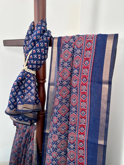 Navy Blue Ajrakh Print Cotton Blend Saree