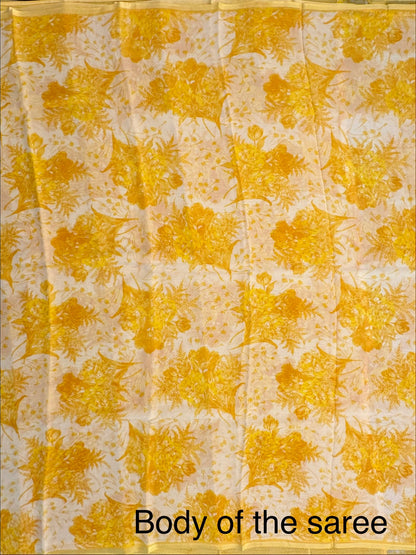 Off White-Yellow Floral Print Chiffon Saree