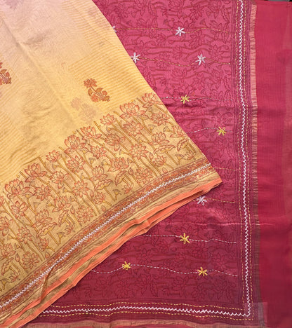 Yellow-Red Block Print Chanderi Saree With Kaantha Stitch