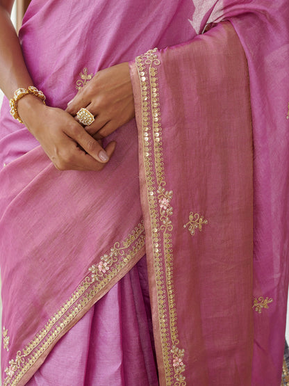 Pink Tussar Silk Saree With Zari Buta