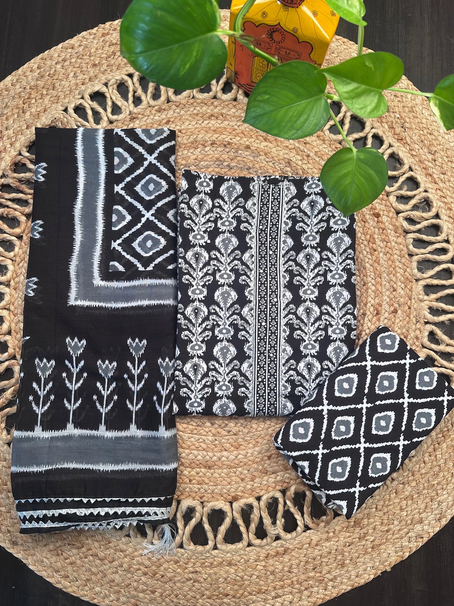 Black Jaipuri Necktie Cotton 3-Piece Suit