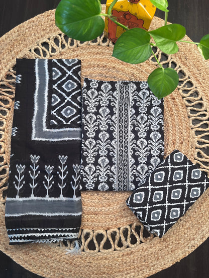 Black Jaipuri Necktie Cotton 3-Piece Suit