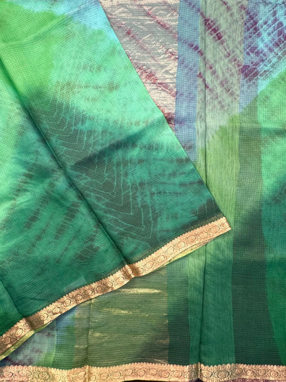 Sea Green-Green-Purple Shibori Kota Doria Pure Silk Saree