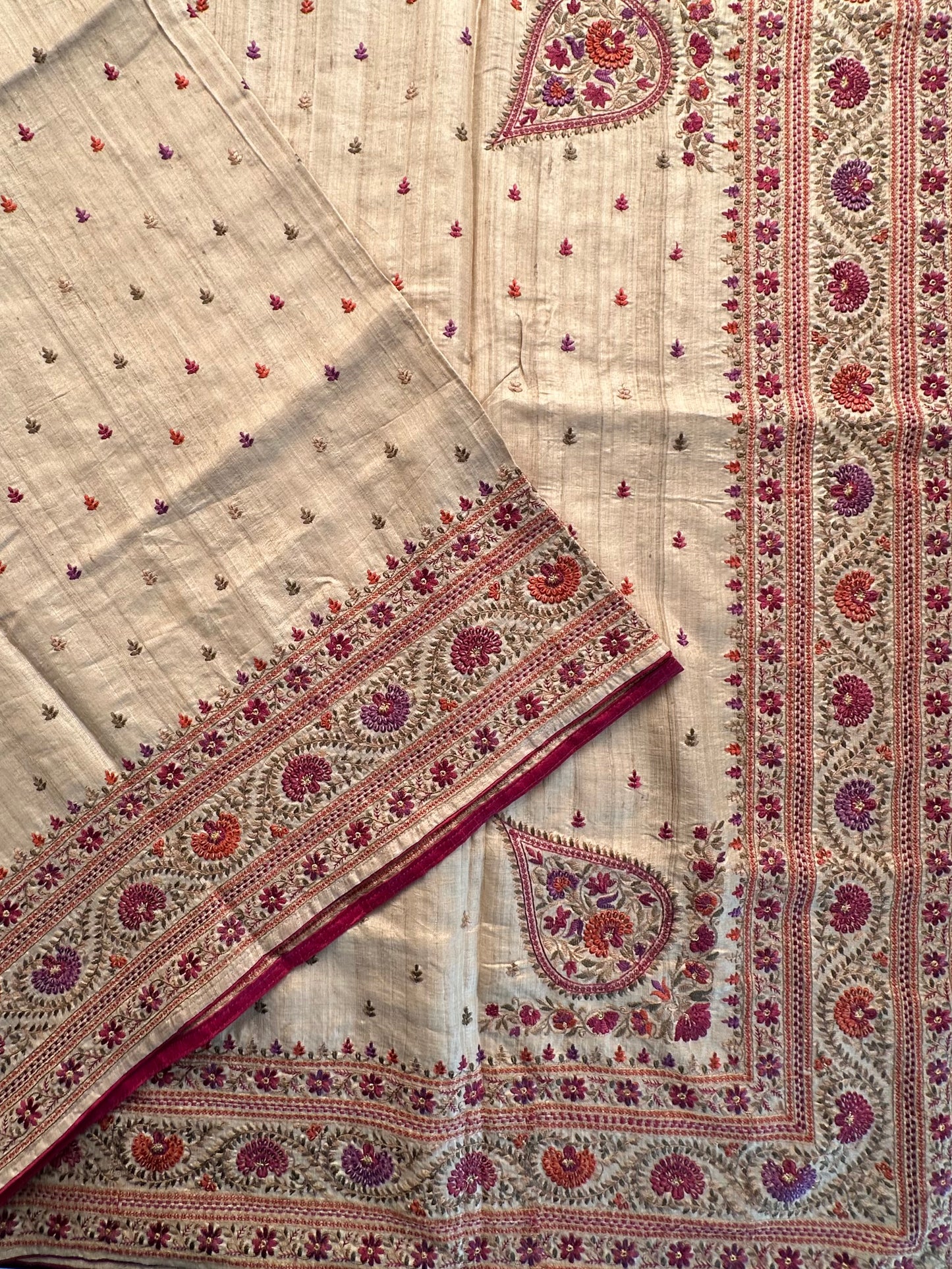 Beige Pure Tussar Silk Saree With Embroidery