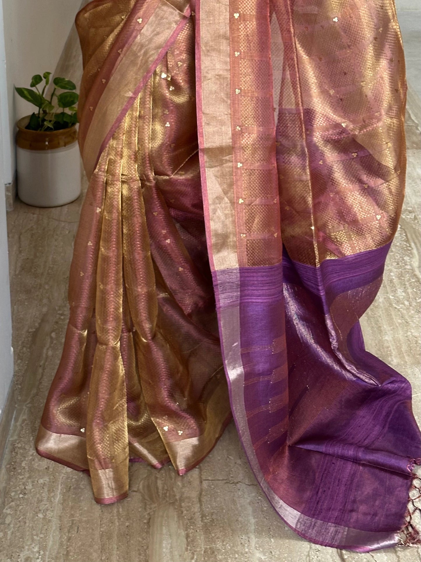 Purple Emboss Pure Tissue Silk Saree