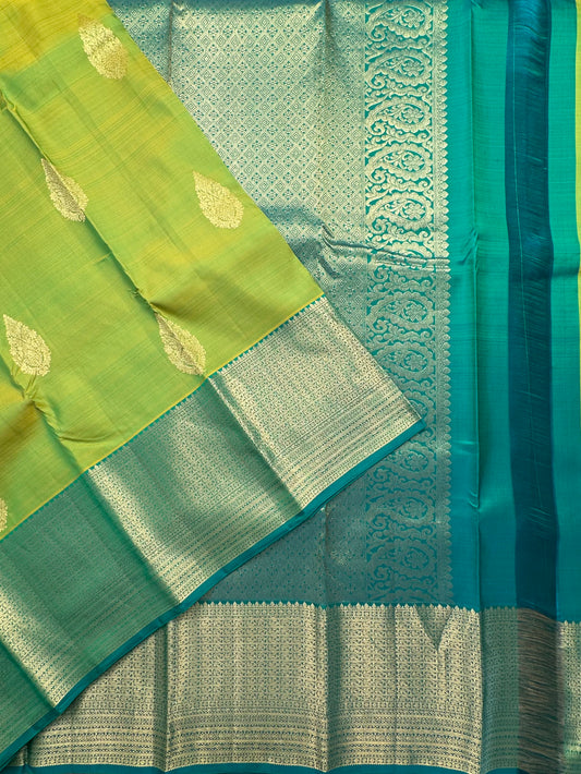 Parrot Green-Sea Green Handloom Kanjivaram Pure Silk Saree
