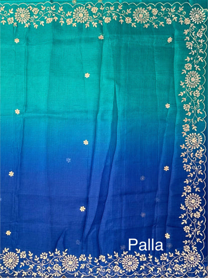 Sea Green-Blue Rati Shaded Kota Doria Pure Silk Saree With Gota Patti Work