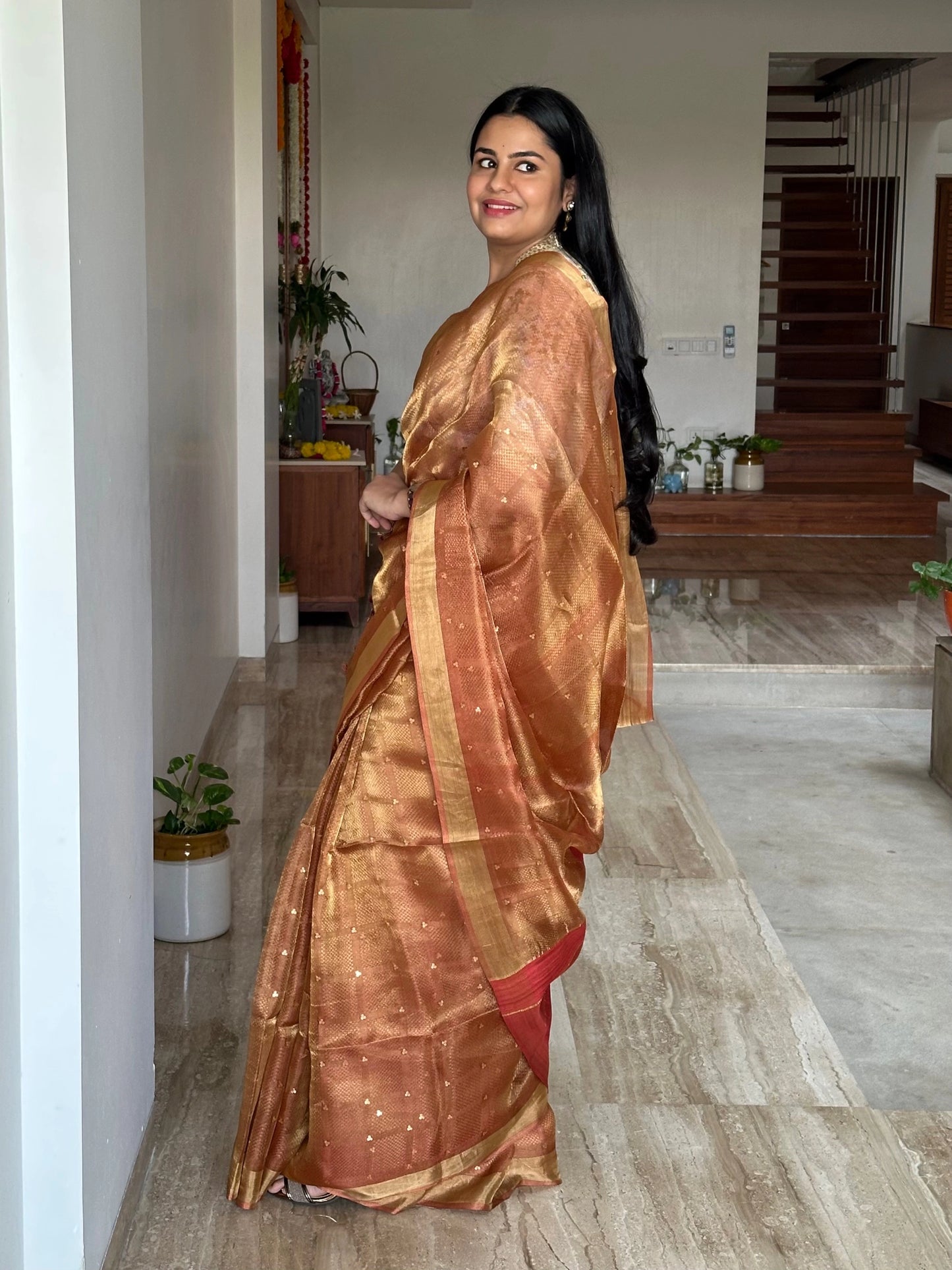 Rust Orange Emboss Tissue Silk Saree