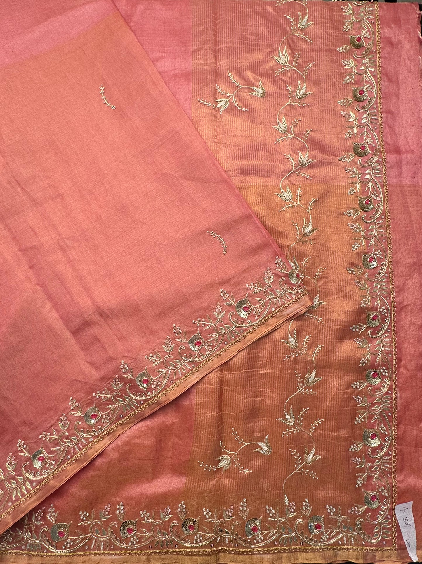 Coral Pink Tissue Silk Saree With Work