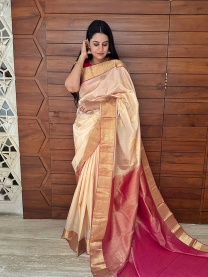 Cream Pondicherry Handloom Pure Silk Saree