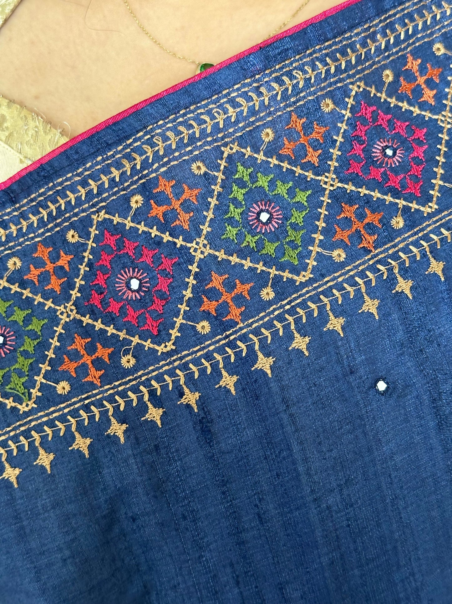 Navy Blue Pure Tussar Silk Saree With Embroidery