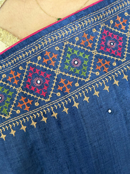 Navy Blue Pure Tussar Silk Saree With Embroidery