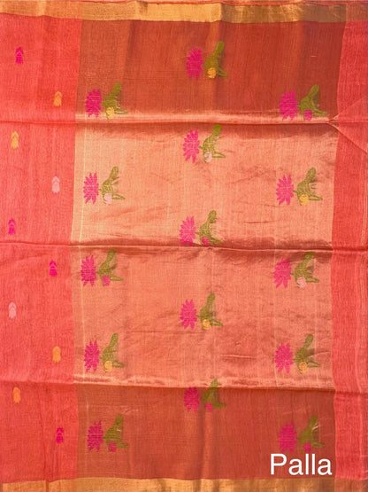 Peach Fancy Cotton Tissue Saree ( Linen Texture)