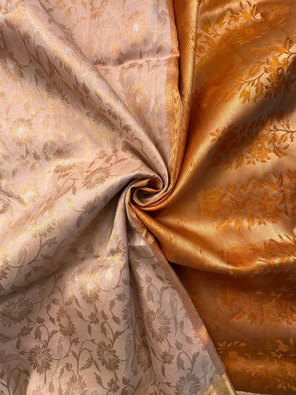 Cream-Mustard Zari Jamawar Pure Silk Saree