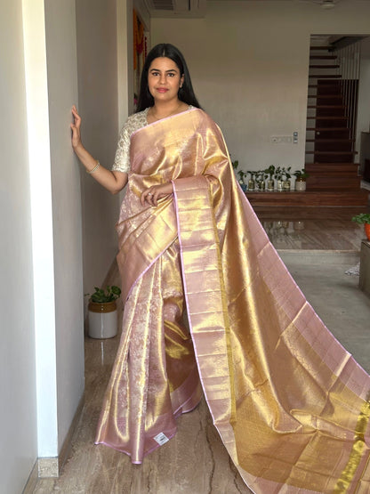 Baby Pink Handloom Jamawar Pure Tissue Silk Saree