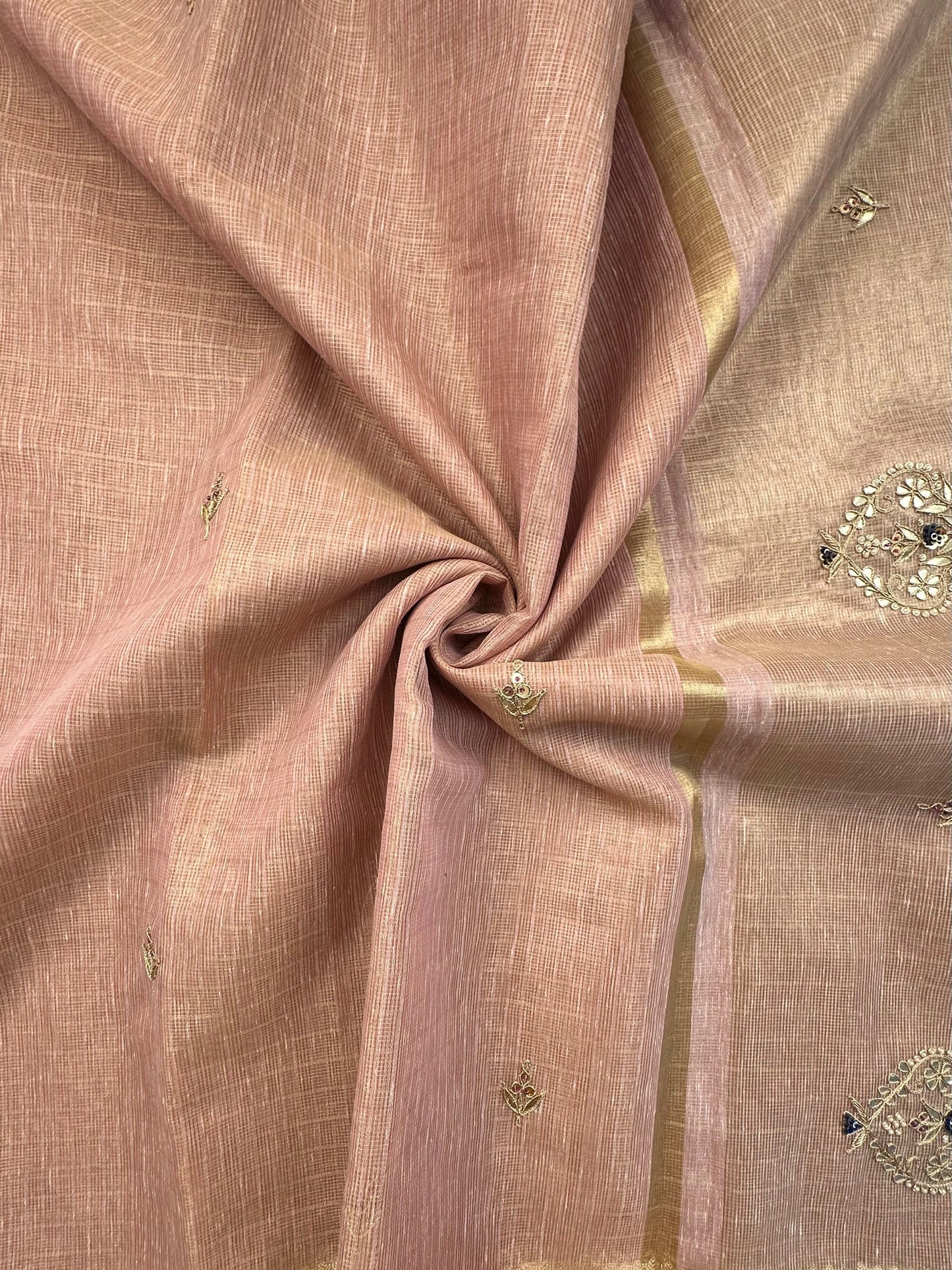 Dusky Pink Fancy Zari Cotton Saree With Hand Work