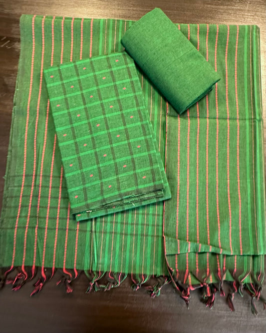 Bottle Green Checkered Handloom Cotton  Suit