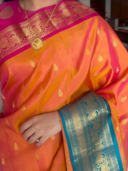 Orange-Rama Green Gadwal Pure Silk Saree