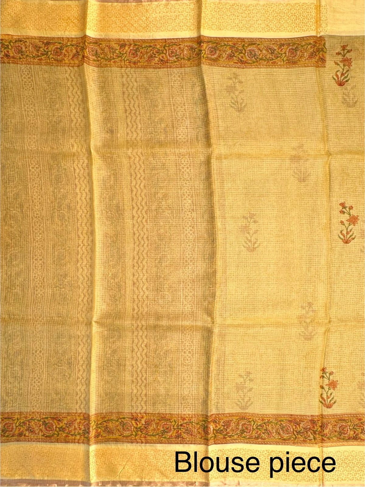 Yellow Hand Block-Print Pure Kota Doria Silk Saree