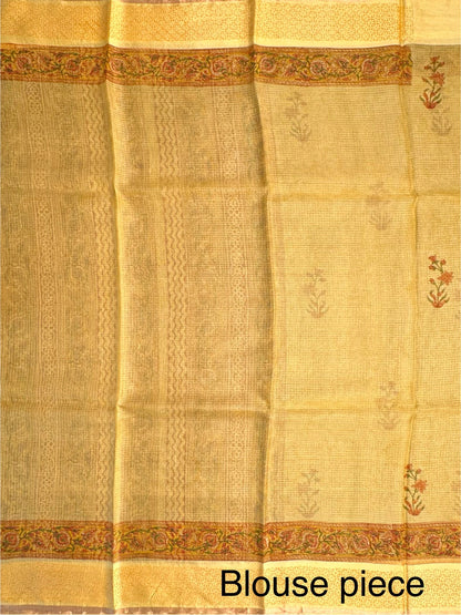 Yellow Hand Block-Print Pure Kota Doria Silk Saree