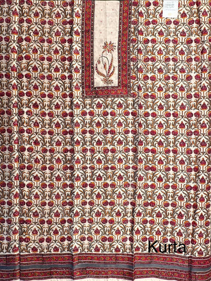Beige-Red Chanderi 3-Piece Suit