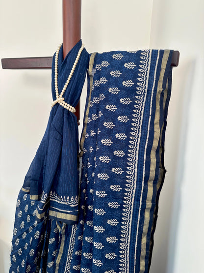 Indigo Blue Printed Cotton Blend Saree