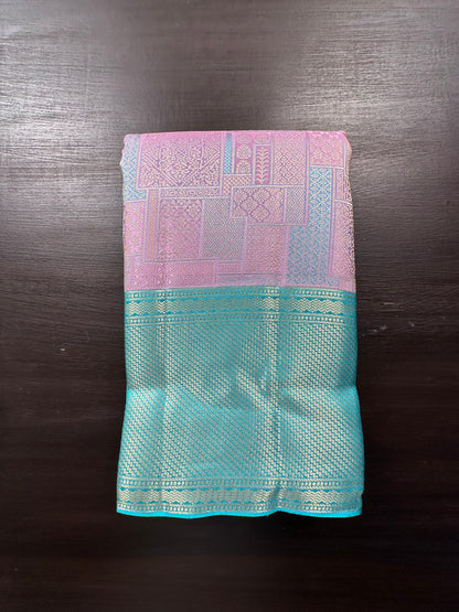 Pink-Firozi  Handloom Kanjivaram Jamawar Pure Silk Saree