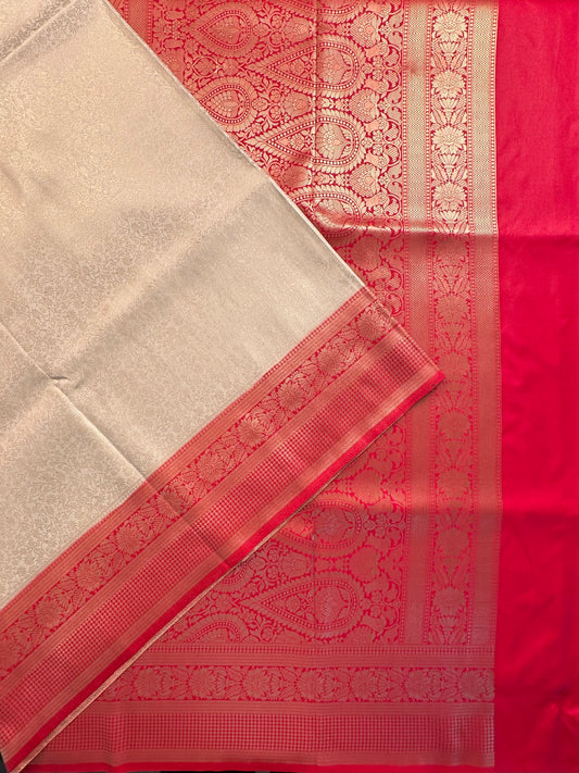 Cream-Red Blended Jamawar Saree