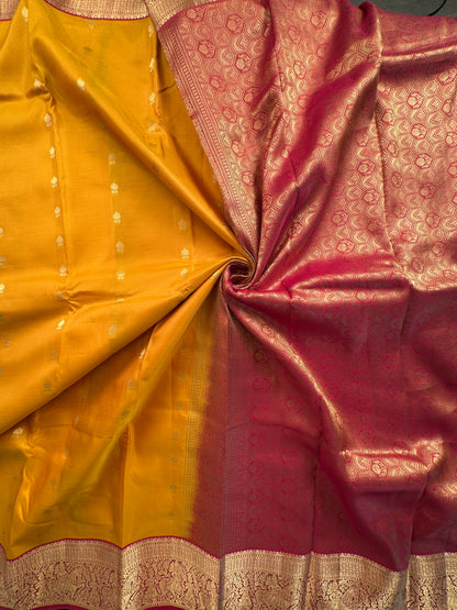 Yellow- Pink Pondicherry Handloom  Pure Silk Saree