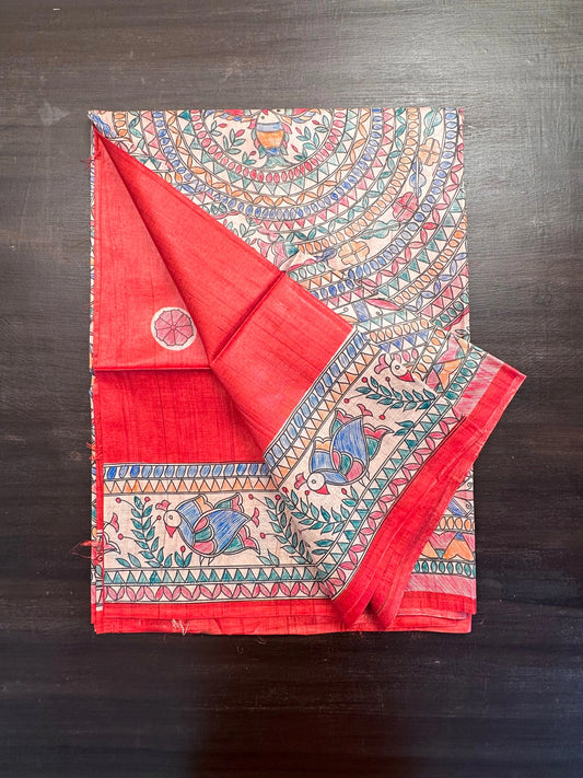 Red Madhubani Art Pure Tussar Silk Saree