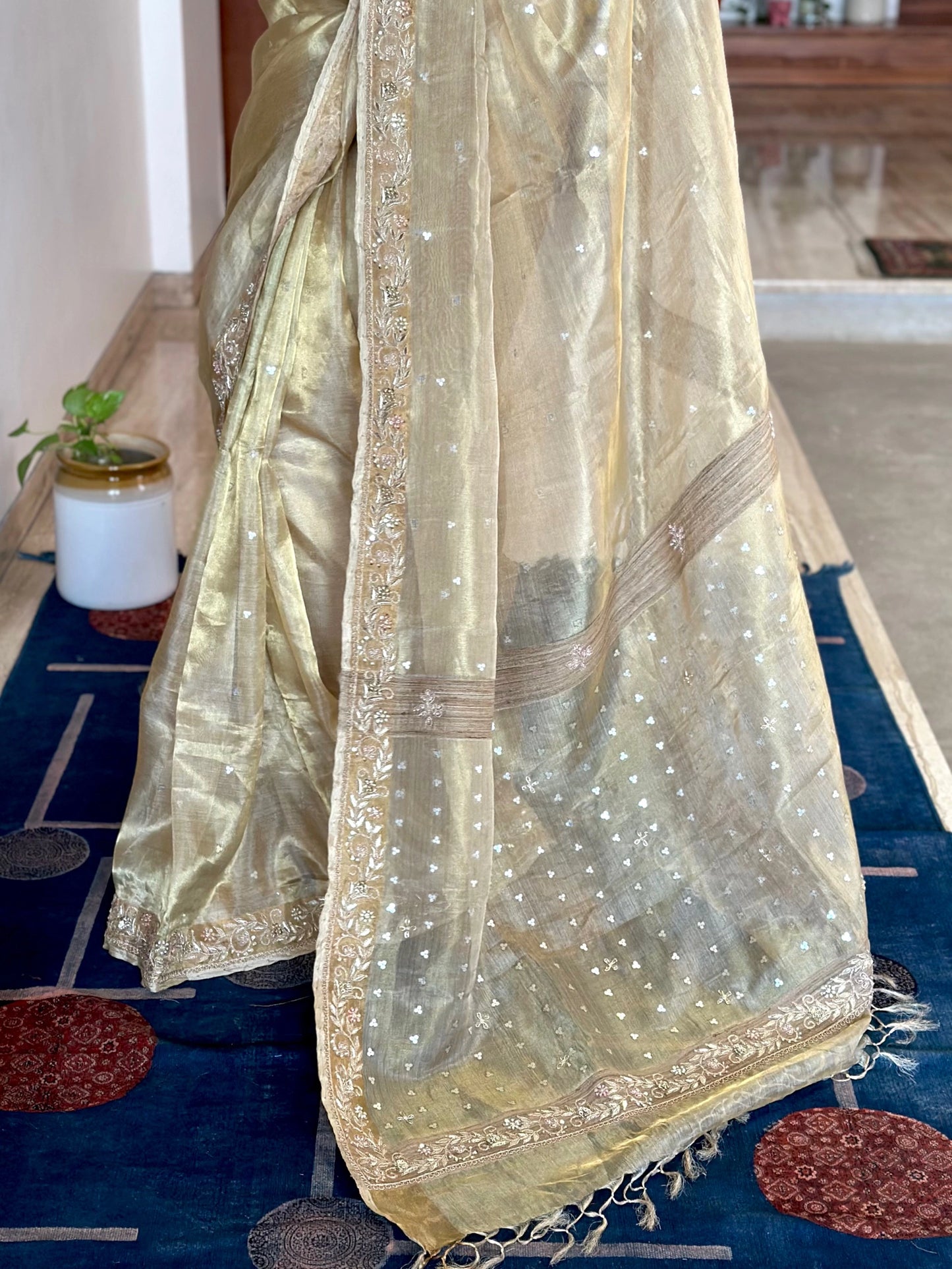 Golden Tissue Silk Saree With Zardozi Work
