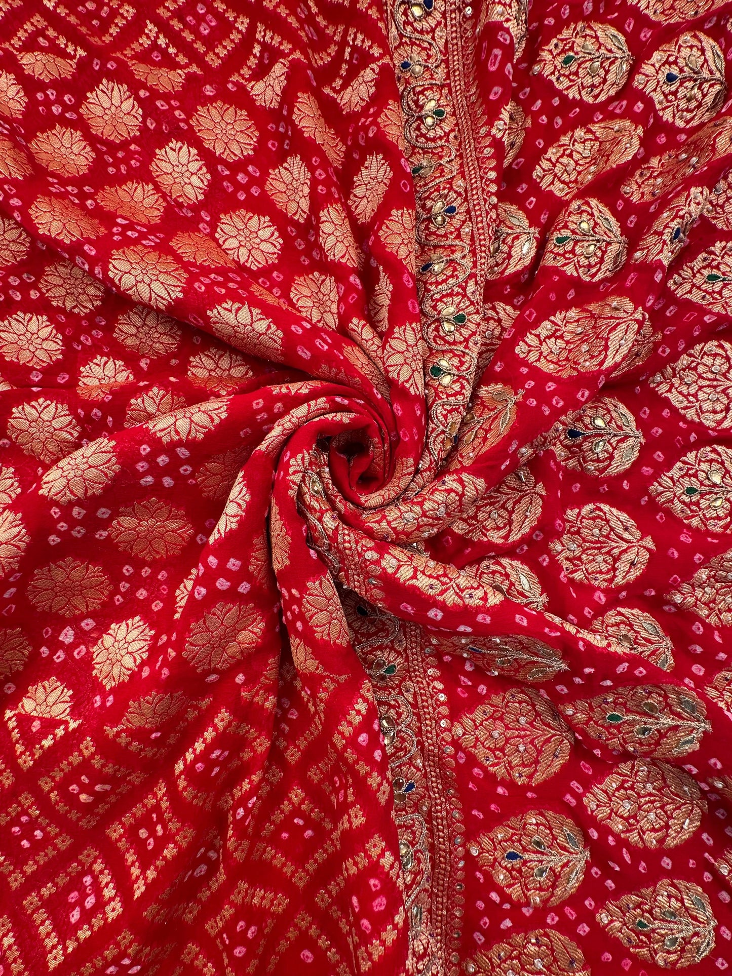 Red Pure Georgette Gharchola Bandhej With Hand Work Saree
