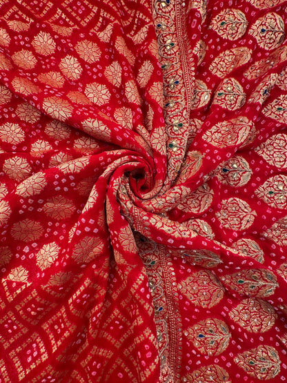 Red Pure Georgette Gharchola Bandhej With Hand Work Saree