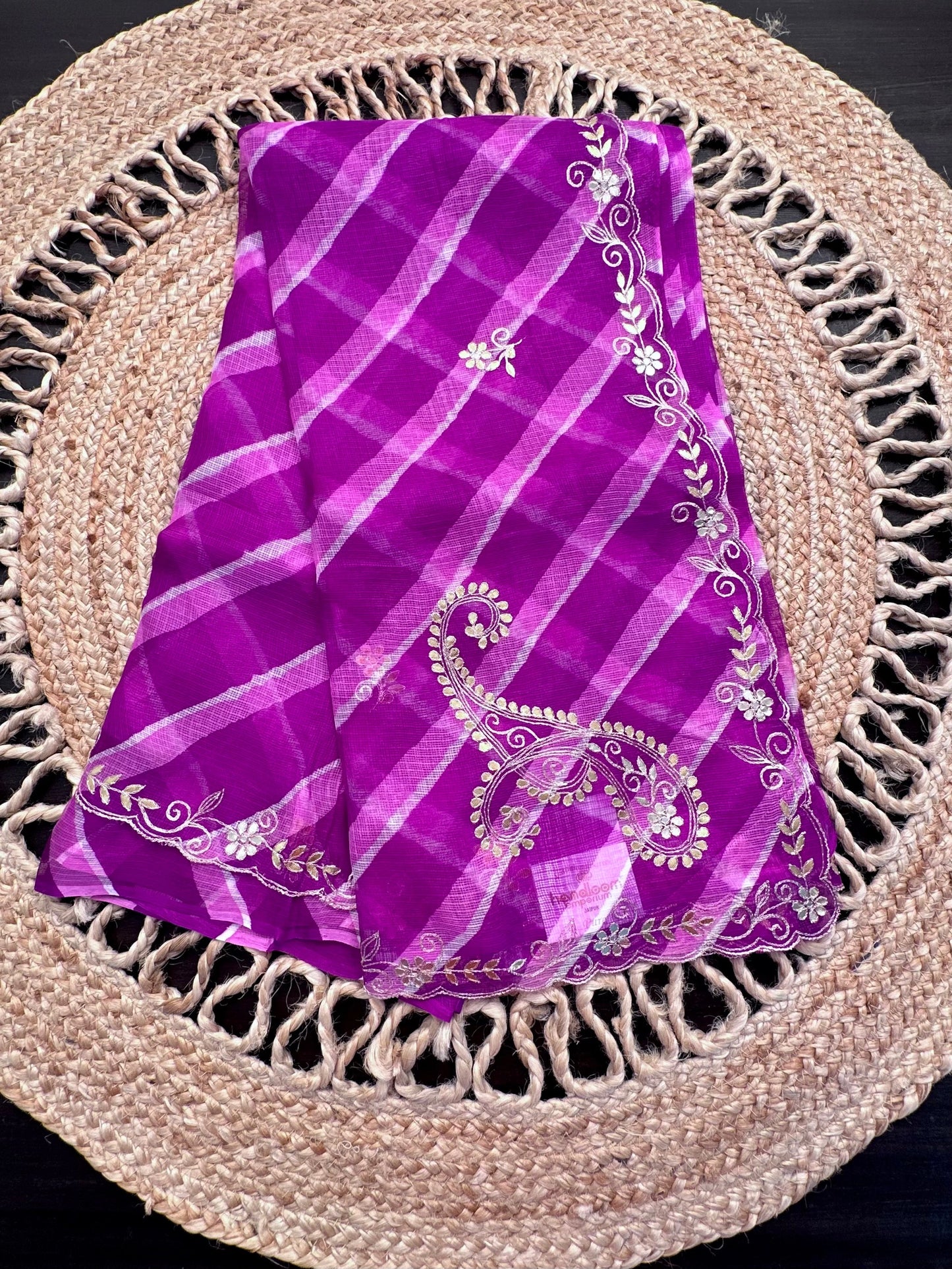 Purple Kyra Leheriya Kota Doria Pure Silk Saree With Gota Patti Work