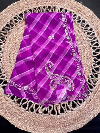Purple Kyra Leheriya Kota Doria Pure Silk Saree With Gota Patti Work