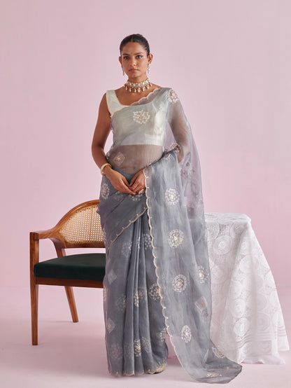 Kota Doria Pure Silk Saree with Aari Scallops