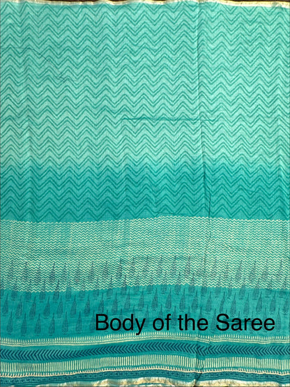 Blue-Sea Green Block Print Chanderi Saree With Kaantha Stitch