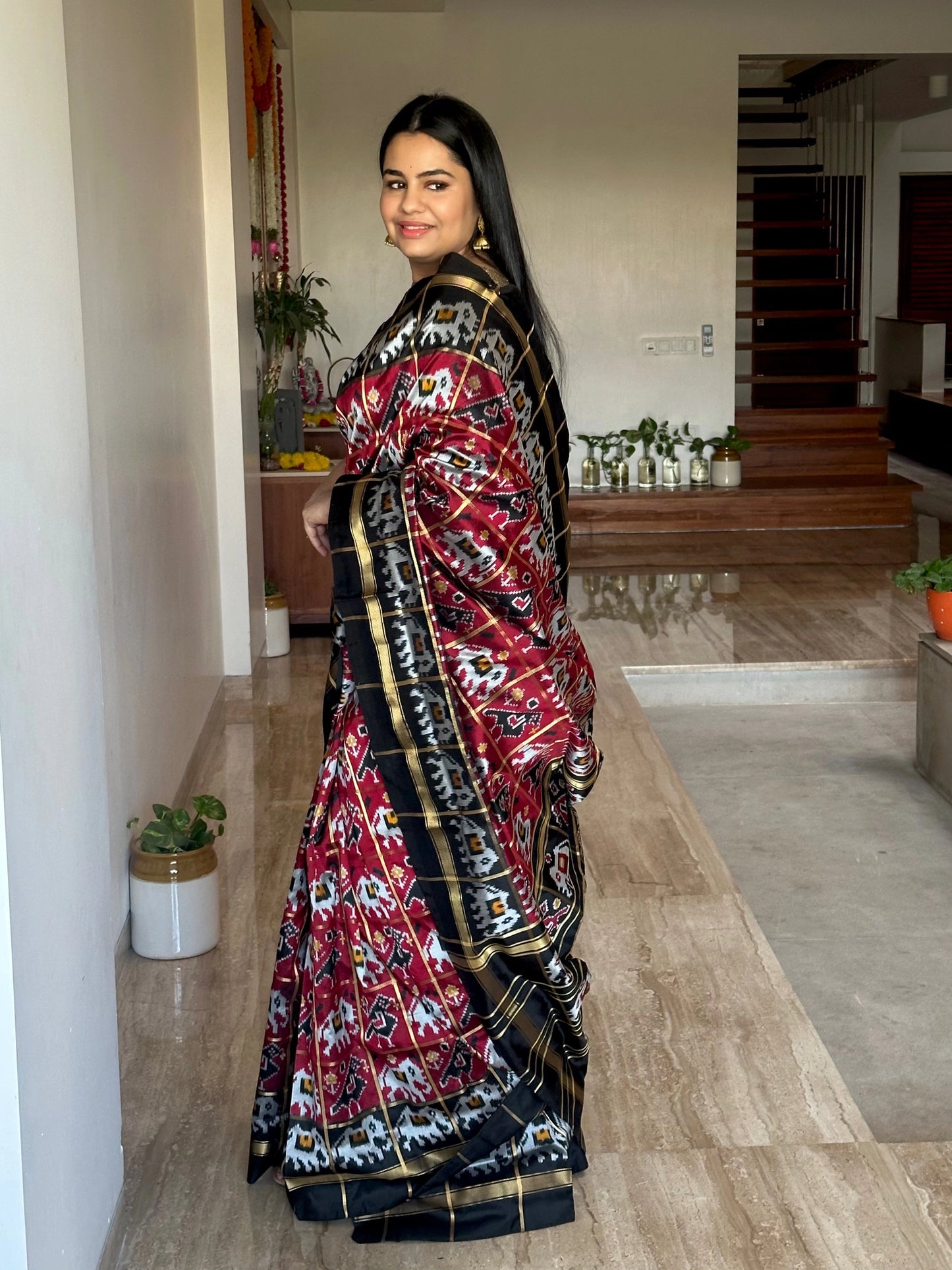 Maroon-Black Patola Pure Silk Saree