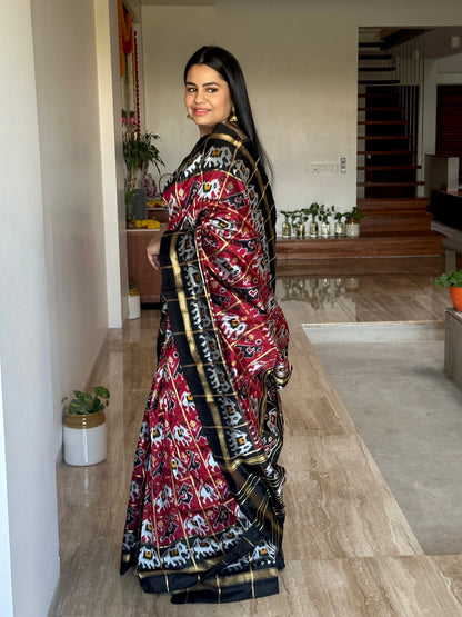 Maroon-Black Patola Pure Silk Saree