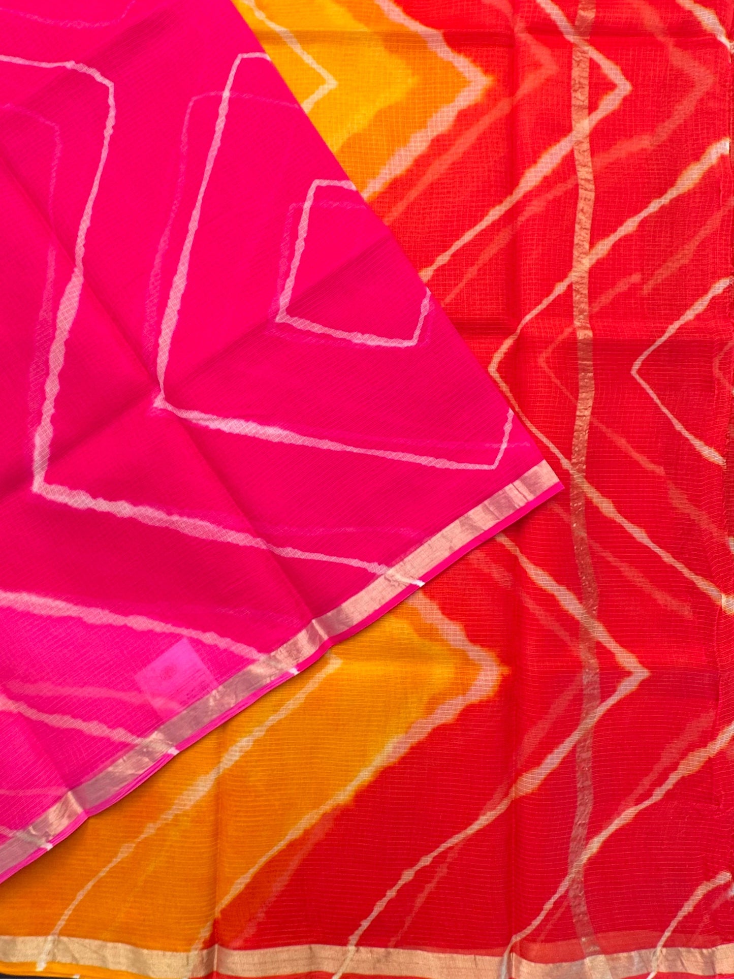 Pink-Rani-Yellow Leheriya Kota Doria Pure Silk Saree