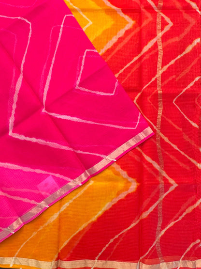 Pink-Rani-Yellow Leheriya Kota Doria Pure Silk Saree