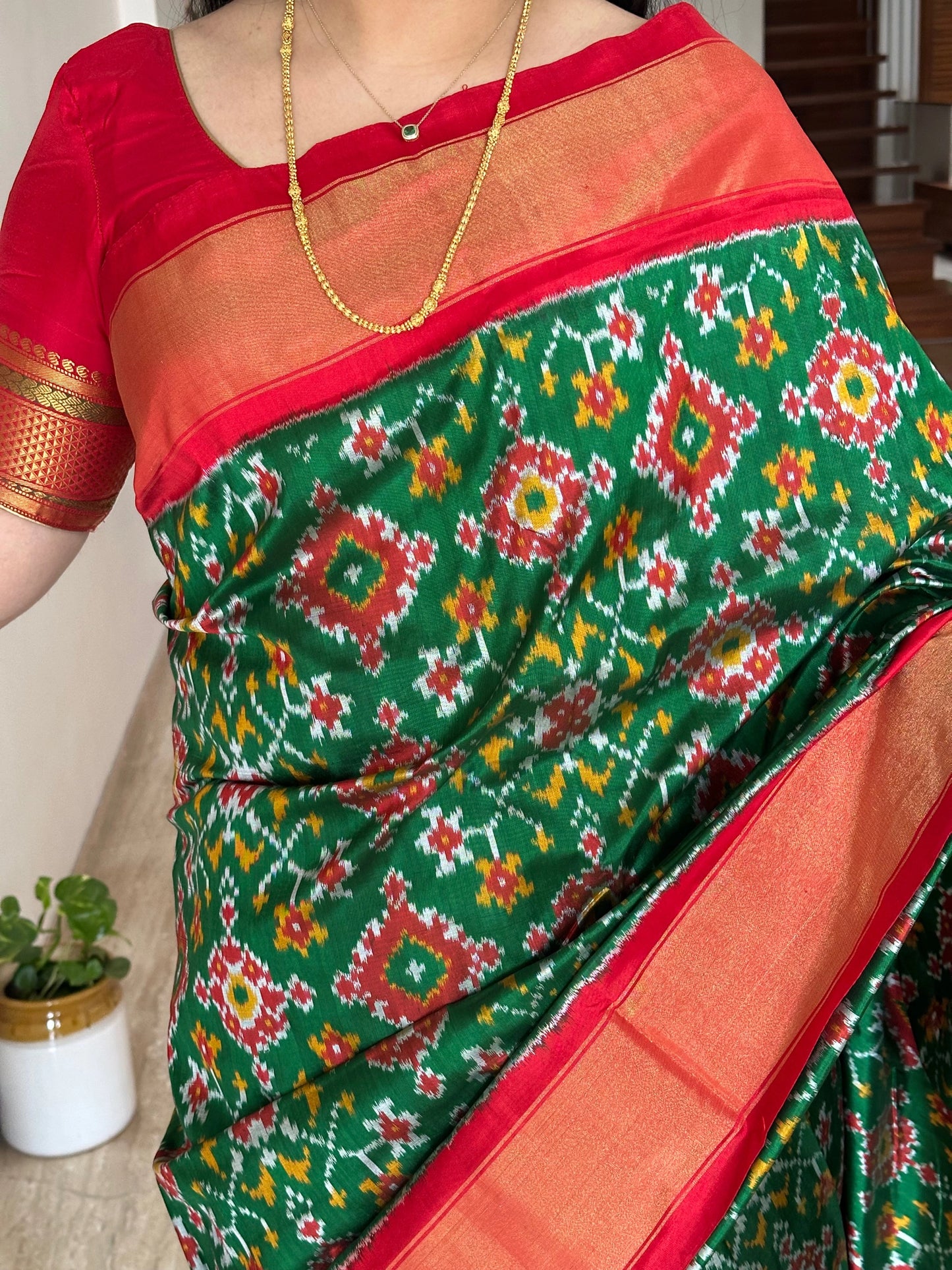 Bottle Green-Red Patola Handloom Silk Saree