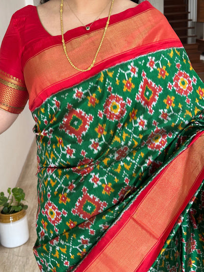 Bottle Green-Red Patola Handloom Silk Saree