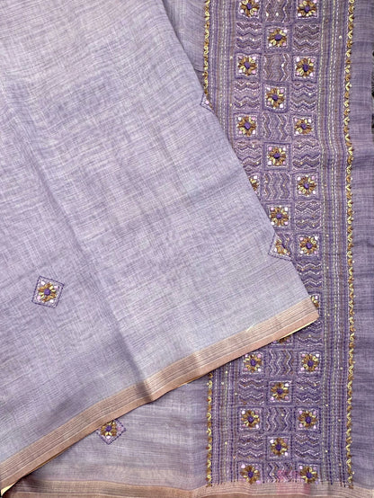 Purple Blended Cotton Saree with Hand Embroidery