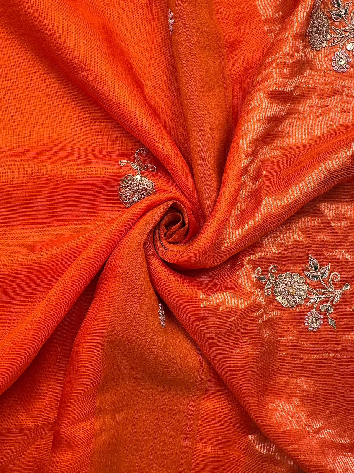 Orange Kota Doria Pure Silk Saree With Hand Work