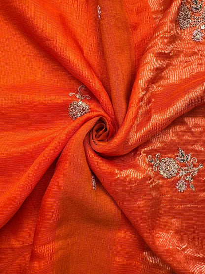Orange Kota Doria Pure Silk Saree With Hand Work