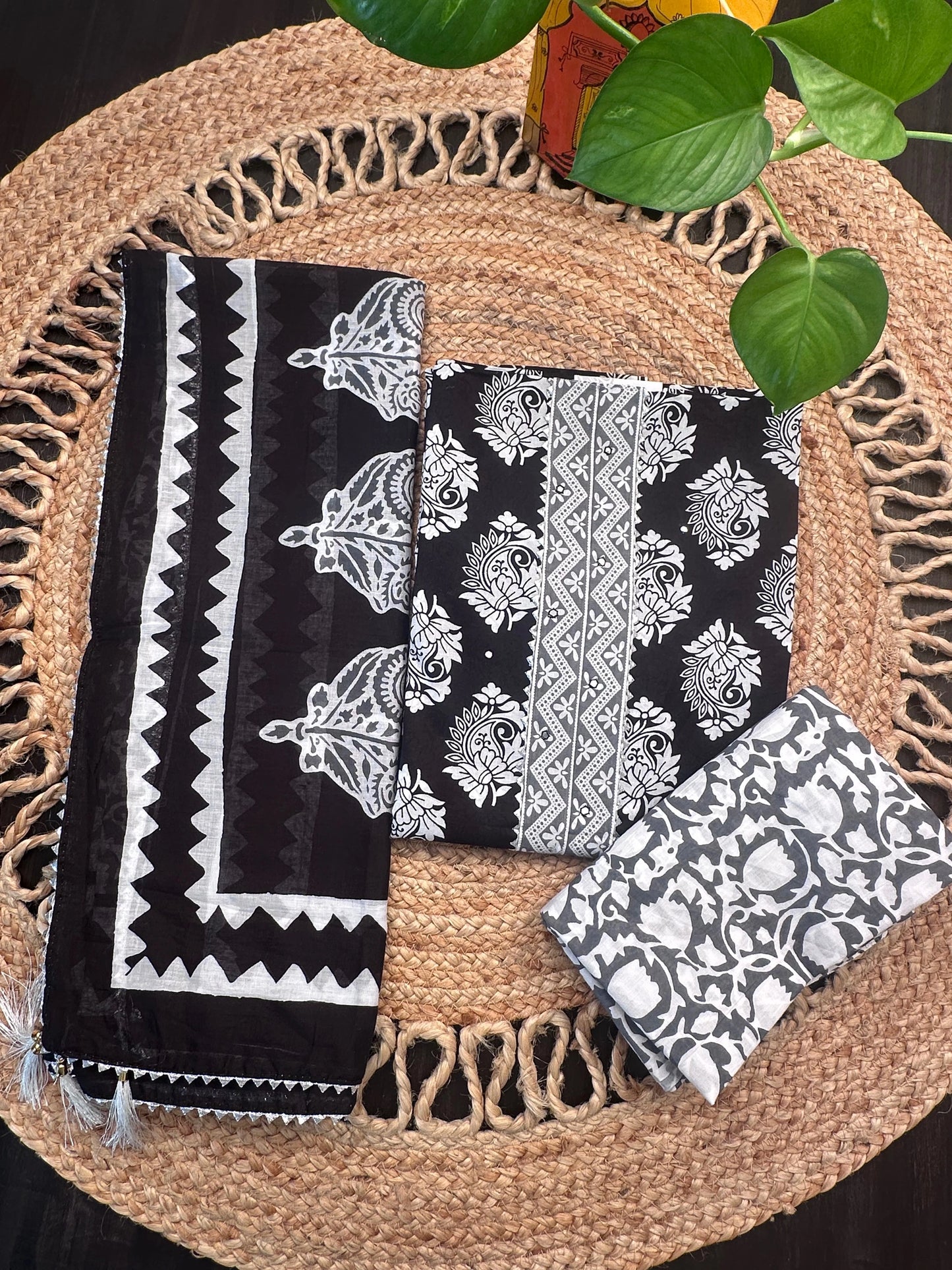 Black Jaipuri Necktie Cotton 3-Piece Suit