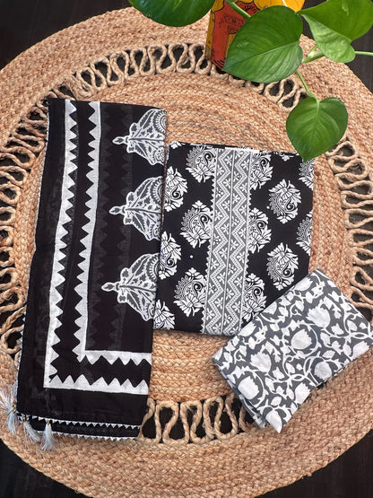Black Jaipuri Necktie Cotton 3-Piece Suit